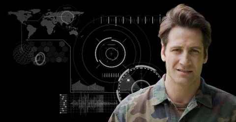 Soldier against black background with interface Stock Photos
