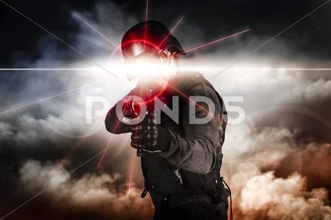 Soldier aiming assault rifle laser sight Stock Photos