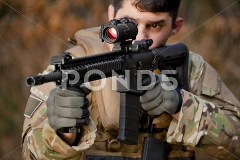 Soldier Aiming Automatic Weapon During Training