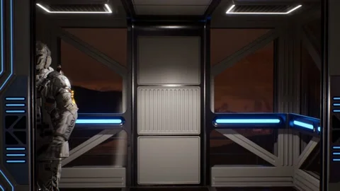 The soldier astronaut enters the elevator 04 Stock Footage 146759614