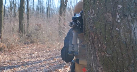 Soldier in the autumn forest Stock Footage 124637136