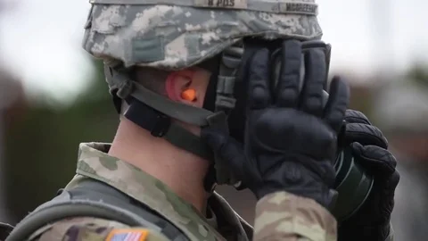 Soldier checking their gas mask after wearing - 2017 Stock Footage 84733130