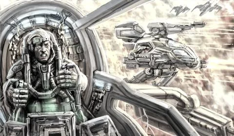 The soldier of the combat robot is fighting. Science fiction clip Stock Illustration