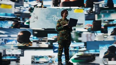 Soldier in command post providing combat support with laptop Stock Photos
