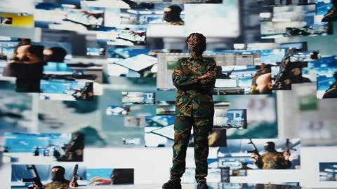 Soldier in command post providing combat support, watching reconnaissance feeds Stock Photos