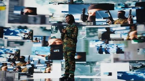 Soldier in command post providing combat support with laptop Stock Photos