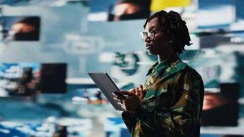 Soldier in command post providing combat support with laptop Stock Photos