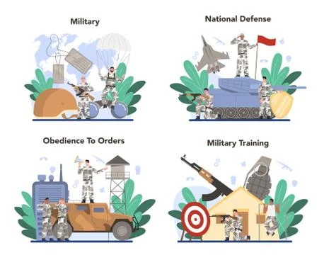 Soldier concept set. Millitary force employee in camouflage with a weapon. Stock Illustration