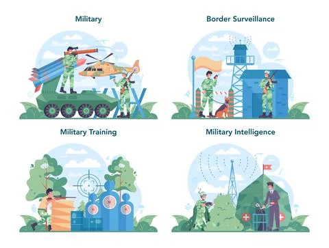 Soldier concept set. Millitary force employee in camouflage with a weapon. Stock Illustration