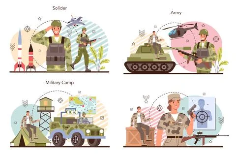 Soldier concept set. Millitary force employee in camouflage with a weapon. Illustrazione stock