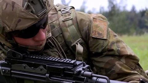 Soldier Defensively and Aiming Stock Footage 120833072