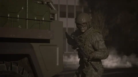 Soldier dies in the explosion while the other looks at the battle with conce Stock Footage 289202350