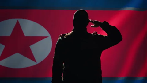 Soldier doing saluting hand gesture towards North Korea flag 스톡 동영상 278293049