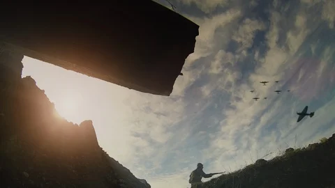 Soldier fall under the aerial bombs during World War II Stock Footage 125067235