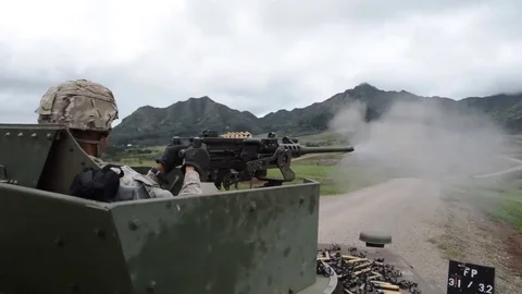 Soldier fires with M2 machine gun, from M115A1 HMWVVs while training - 2017 Stock Footage 84951222