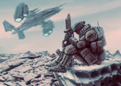 Soldier of the future sits with large plasma gun. Stock Illustration