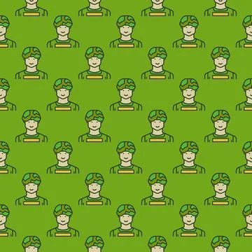 Soldier in a Helmet vector Hero concept green seamless pattern Stock Illustration