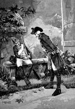 The soldier at his post has fallen asleep and is woken up by his superior, Stock Illustration