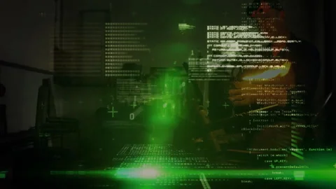 Soldier holding tactical rifle while digital code overlays showing technology Stock Footage 308100784