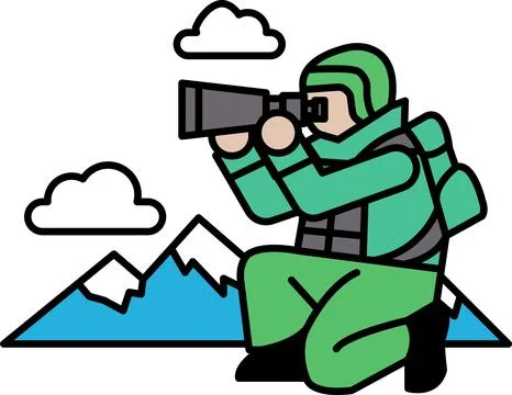 A soldier in a jacket is crouching down and looking through a camera lens イラスト素材
