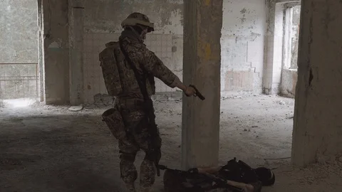 Soldier kills the enemy. Airsoft. 4k Stock Footage 124706451