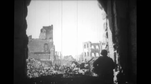 Soldier looking at the debris Stock Footage
