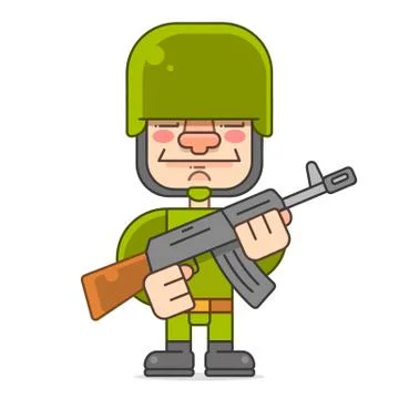 Soldier With Machine Gun Helmet War Uniform Standing, Vector Cartoon. Stock Illustration