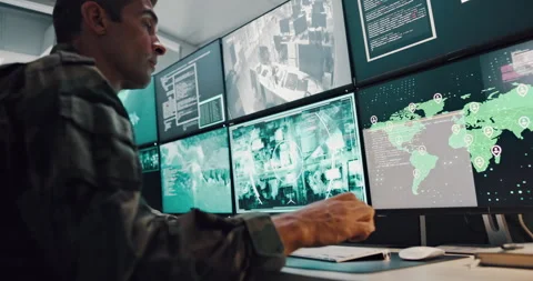 Soldier, man and computer screen for military safety, battle location and Stock Footage 303556652