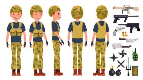 Soldier Man Set Vector. Poses. Army Person. Camouflage Uniform. Shooter イラスト素材