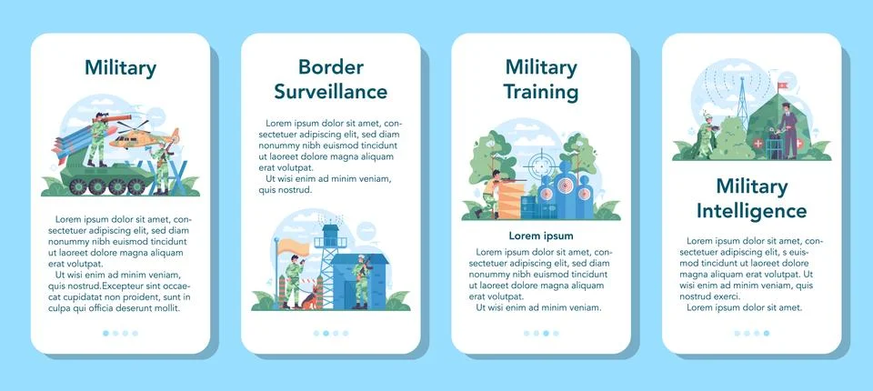 Soldier mobile application banner set. Millitary force employee Stock Illustration
