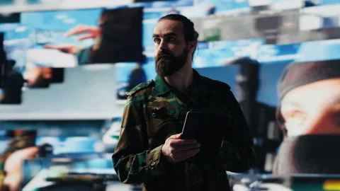 Soldier operates in a virtual war zone using digital technology Stock Footage 311083256