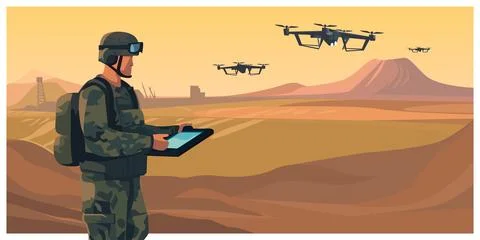Soldier operating of flying drone quadrocopter at sunset. Modern technology.. 库存插图
