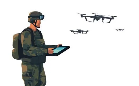 Soldier operating of flying drone quadrocopter isolated. Modern technology .. Stock Illustration