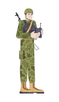 Soldier operating remote controller 2D cartoon character Stock Illustration