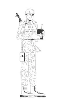 Soldier operating remote controller line art character Stock Illustration