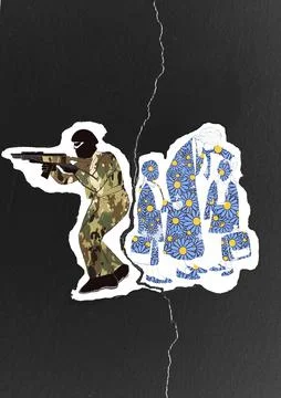 A soldier in a pixel uniform with a gun at war defends family, a mother and kids Stock Illustration