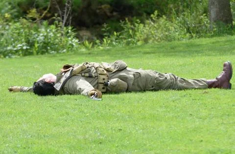  Soldier Playing Dead in Re-enactment CRESSING TEMPLE ESSEX UK 17 May 2015... Stock Photos