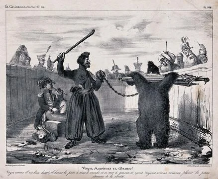 A soldier plays a drum as a man with a chained bear with its arms held back.. Stock Illustration