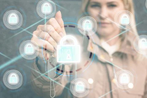 Soldier pressing text data integration button on a virtual interface. Big Stock Photos