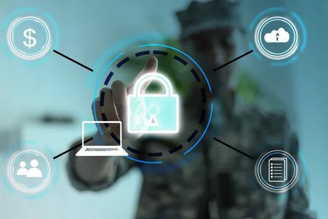 Soldier pressing text data integration button on a virtual interface. Big Photos