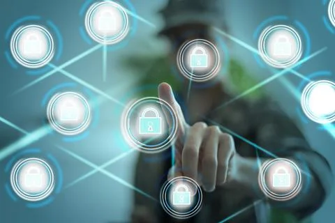 Soldier pressing text data integration button on a virtual interface. Big Stock Photos