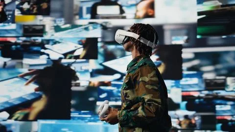 Soldier providing combat support using VR headset gear Foto stock
