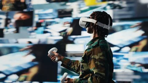 Soldier providing combat support using VR headset gear Foto stock