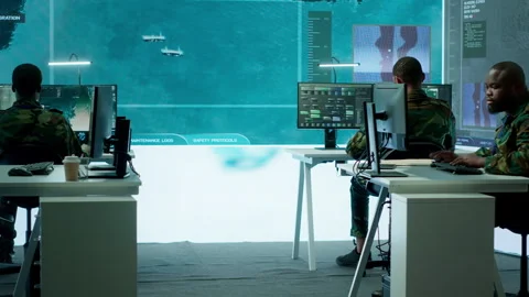 Soldier in a secure environment ensuring data analysis and processing Stock Footage 279952512