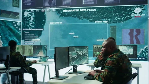 Soldier in a secure environment ensuring data analysis and processing Stock Footage 280146865