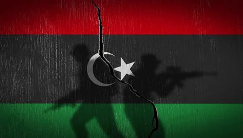 Soldier shadows on cracked wall with Libya flag. Concept of civil war, inte.. Stock Photos