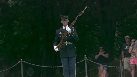 Soldier Shouldering Arms in Slow Motion at the Tomb of The Unknowns Stock Footage 82364064
