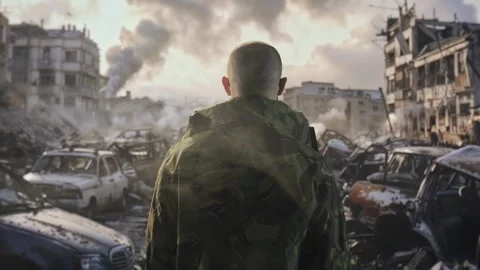 Soldier Standing Amid War Torn City Ruins Damaged Buildings Destruction Scene Stock Footage 293089239