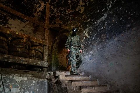 Soldier training while playing paintball in the fortress Stock Photos