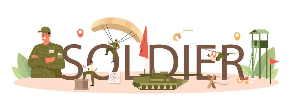 Soldier typographic header. Millitary force employee in camouflage Illustrazione stock